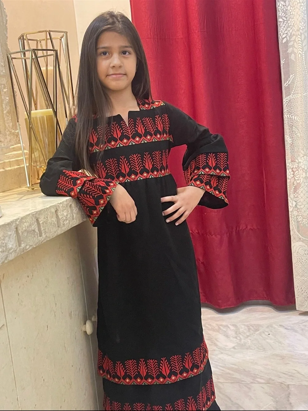 Black and Red Embroidered Palestinian Maxi Dress - Picture 3 of 7